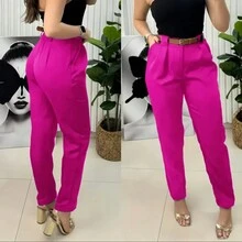 Women's Formal Tailored Trousers With Leather Belt And Pockets - 玫紅色 - 查看 2