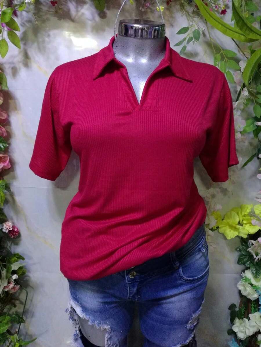 BLUSA CURVY CUELLO SPORT TELA RIF TEXTURA FRESCA - Rojo - Ver 1