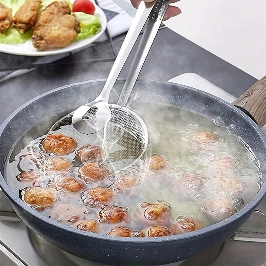 1pc Stainless Steel Kitchen Perforated Spoon, Fry Strainer, Skimmer - Silver - View 1