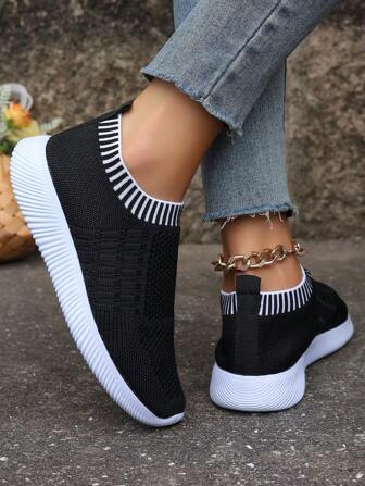 女時尚運動條紋針織跑鞋，適合所有季節和戶外休閒活動