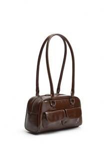 Solid Color Multi-Pocket Commuter Shoulder Bag, Women's Fashionable Y2K Bowling Bag, Retro Minimalist PU Underarm Bag, Dual Handles, Multi-Pocket Design, Suitable For Daily Use