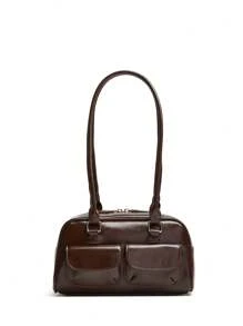 Solid Color Multi-Pocket Commuter Shoulder Bag, Women's Fashionable Y2K Bowling Bag, Retro Minimalist PU Underarm Bag, Dual Handles, Multi-Pocket Design, Suitable For Daily Use