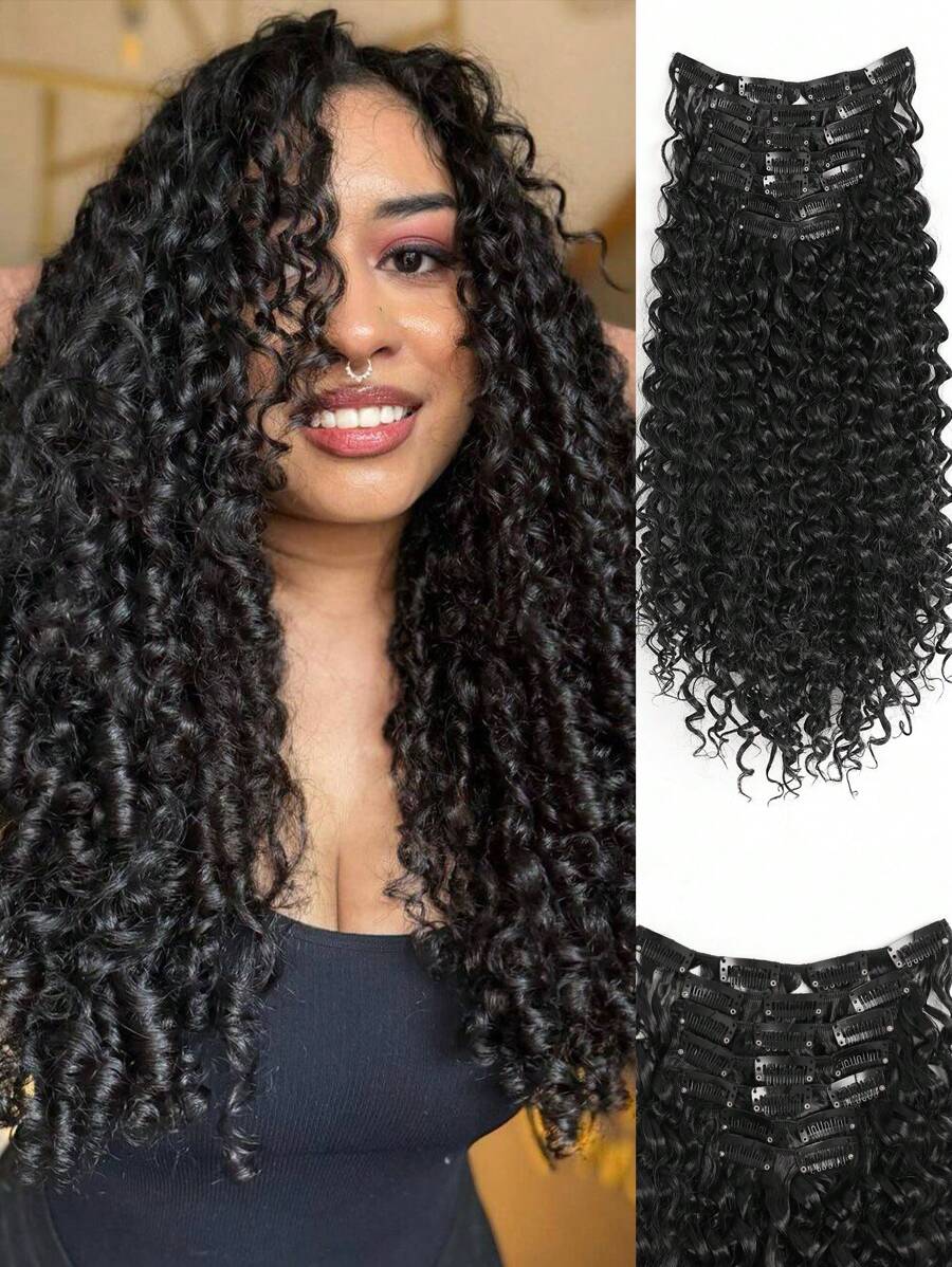 Clip In Hair Extensions Natural Black Brown Color 18 Inch 7 PCS Set Long Curly Hair Extension Synthetic Hairpieces For Women Girls Daily Use