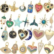 1pc Flower, Evil Eye, Tail, Sun & Moon Motif DIY Pendant, Bohemian Style Golden Heart Shape Charm For Women, Halloween Jewelry Decoration Valentines