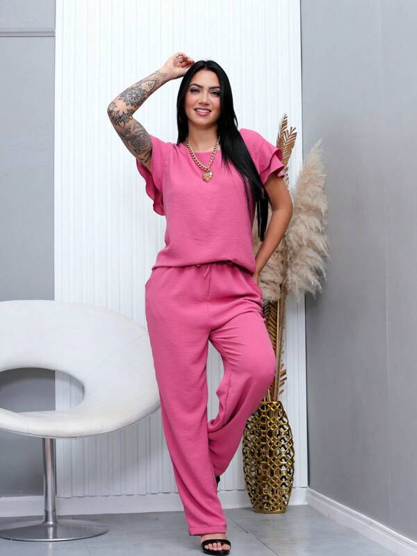 duna feminino conjunto / manga curto /com babado /com calca direto/com bolso