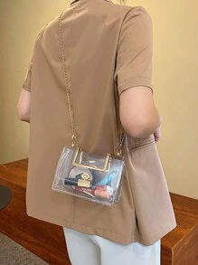 时尚百搭单肩包和斜挎包，透明链条设计收纳袋 - 無色 - 查看 3