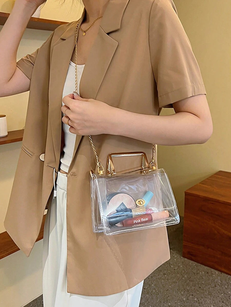 时尚百搭单肩包和斜挎包，透明链条设计收纳袋 - 無色 - 查看 1