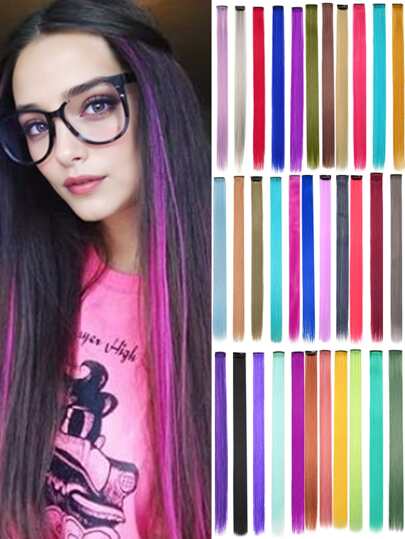 10 件彩色接发 彩色夹式接发 22 英寸合成直发接发 适合儿童女孩女士日常佩戴