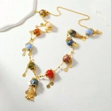 European And American Cross-Border Best-Selling Fashion Colorful Bead Antique Coin Pendant Long Necklace And Pink Bead Round Pendant Long Necklace
