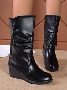 Women's Elegant Solid Color Matte Round Toe Wedge Pleated Mid-Calf Boots For Winter, Versatile For Outdoor - Black - View 1