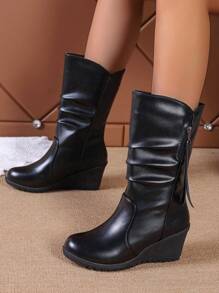 Women's Elegant Solid Color Matte Round Toe Wedge Pleated Mid-Calf Boots For Winter, Versatile For Outdoor - Black - View 4