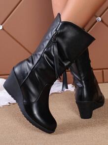 Women's Elegant Solid Color Matte Round Toe Wedge Pleated Mid-Calf Boots For Winter, Versatile For Outdoor - Black - View 5