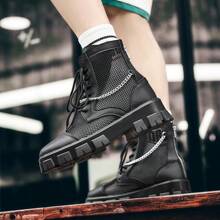 Men Breathable Mesh Hollow Platform Boots High Top Fashion Casual Leather Motorcycle Boots, British Style - Black - View 9