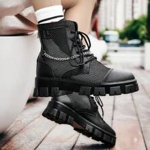 Men Breathable Mesh Hollow Platform Boots High Top Fashion Casual Leather Motorcycle Boots, British Style - Black - View 3