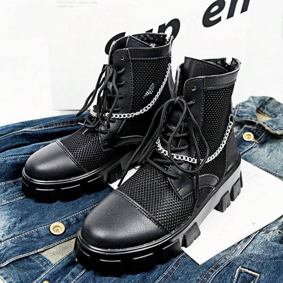 Men Breathable Mesh Hollow Platform Boots High Top Fashion Casual Leather Motorcycle Boots, British Style - Black - View 1