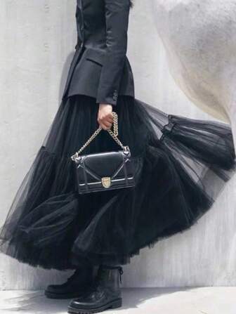 Skirts Very Puffy Black Tulle Ankle Length Ruched Skirt Women Summer Bottom High Street Tutu Skirts Halloween Fall Clothes For Women