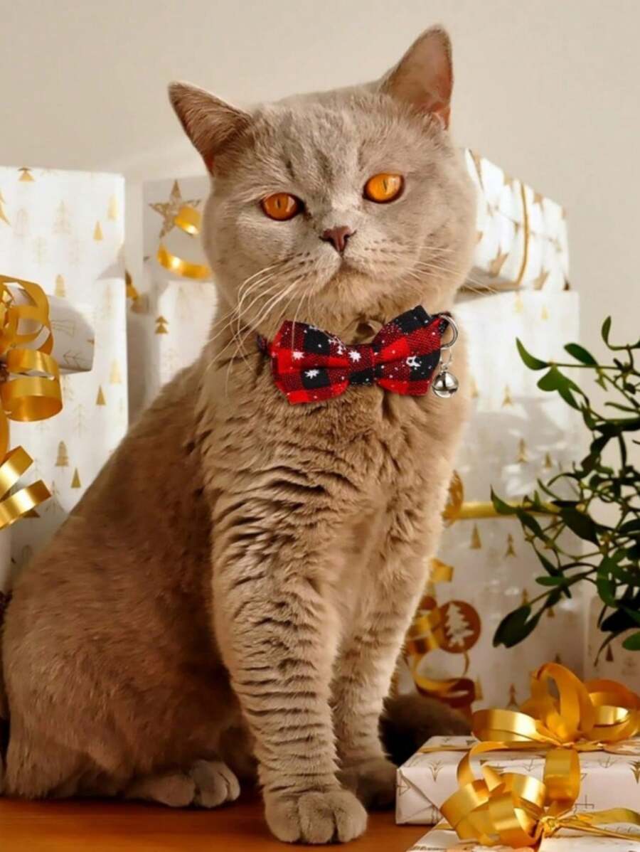 格子蝴蝶结铃铛项圈可拆卸扣猫项圈配件 - 彩色 - 查看 1