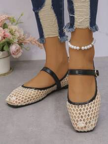 New Summer Fashion Versatile Mary Jane Beige Grid Hollow Breathable Women Flat Casual Shoes, Convenient Daily Wear, Comfortable Embroidered Ballet Flats, Random Pattern