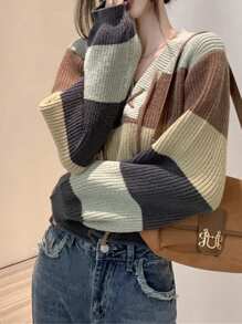 Women Striped Long Sleeve Drop Shoulder Short Knit Top - Mint Green - View 1