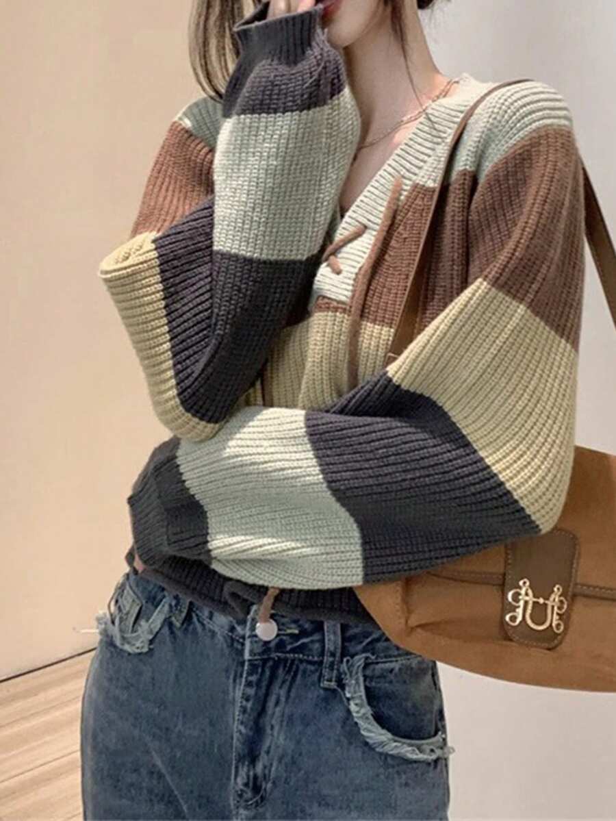 Women Striped Long Sleeve Drop Shoulder Short Knit Top - Mint Green - View 1