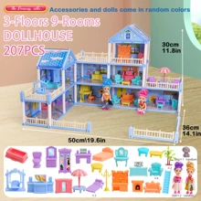 有公主、猫、狗、家具和配件的娃娃屋，适合小女孩的蓝色梦幻娃娃屋玩具。房间花园、厨房玩具、家具和配件玩具、宠物电梯和小狗游乐区、适合 4-5-6-7-8-10 岁女孩的圣诞玩具礼物（一些配件是随机颜色）