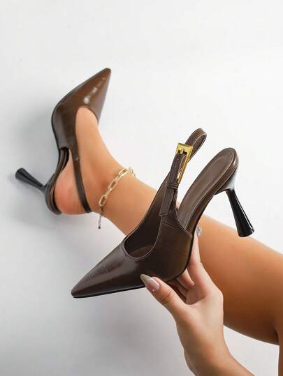 Höst/Vinter 2025 Dam Högklackade Spetsig Tå Moderiktiga Pumps i Lackskinn med Slingback, Elegant, Elegant