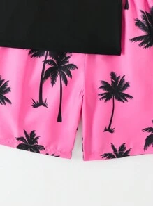 2 piezas/set Conjunto de ropa de playa informal para niño preadolescente 2024 nuevo con estampado de palmera, camiseta de cuello redondo de manga corta y shorts - Multicolor - Ver 8