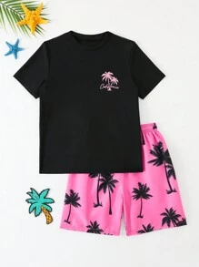 2 piezas/set Conjunto de ropa de playa informal para niño preadolescente 2024 nuevo con estampado de palmera, camiseta de cuello redondo de manga corta y shorts - Multicolor - Ver 4