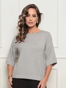 MODAL KNITTING BLOUSE WITH 3/4 ROLLED SLEEVES NEW COLLECTION - 灰色 - 查看 1