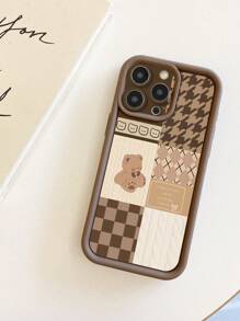 Fall Phone Case 1pc Bear Houndstooth Pattern Phone Case With Precise Cutout Camera Protection, Shock-Absorbing Compatible With Iphone 11 Pro Max/12 Pro Max/13 Pro Max/14 Pro Max/15 Pro Max/16 Plus/16 Pro Max, Compatible With Redmi, Compatible With OPPO/Compatible With Realme, Compatible With VIVO, Compatible With Infinix, One Plus Waterproof Anti-Fall Scratch Resistant,International Version, Not The Domestic Version - Brown - View 4
