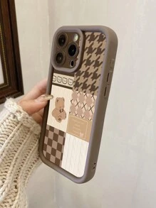 Fall Phone Case 1pc Bear Houndstooth Pattern Phone Case With Precise Cutout Camera Protection, Shock-Absorbing Compatible With Iphone 11 Pro Max/12 Pro Max/13 Pro Max/14 Pro Max/15 Pro Max/16 Plus/16 Pro Max, Compatible With Redmi, Compatible With OPPO/Compatible With Realme, Compatible With VIVO, Compatible With Infinix, One Plus Waterproof Anti-Fall Scratch Resistant,International Version, Not The Domestic Version - Brown - View 2