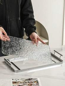 1pc Acrylic Ripple Design Tray, Nordic Style Creative Serving Platter, Fashionable For Snacks, Cups, Tableware - Silver - View 3