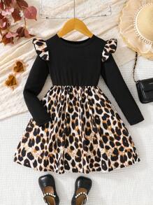 Young Girls Street Style Leopard Print Long Sleeve Ruffle Trim Knit Dress - Multicolor - View 1