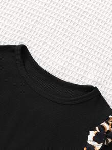 Young Girls Street Style Leopard Print Long Sleeve Ruffle Trim Knit Dress - Multicolor - View 3