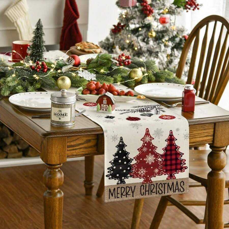 1 件圣诞快乐树亚麻桌旗，13 X 72 英寸节日厨房餐桌装饰，派对庆祝家纺装饰 - 彩色 - 查看 1