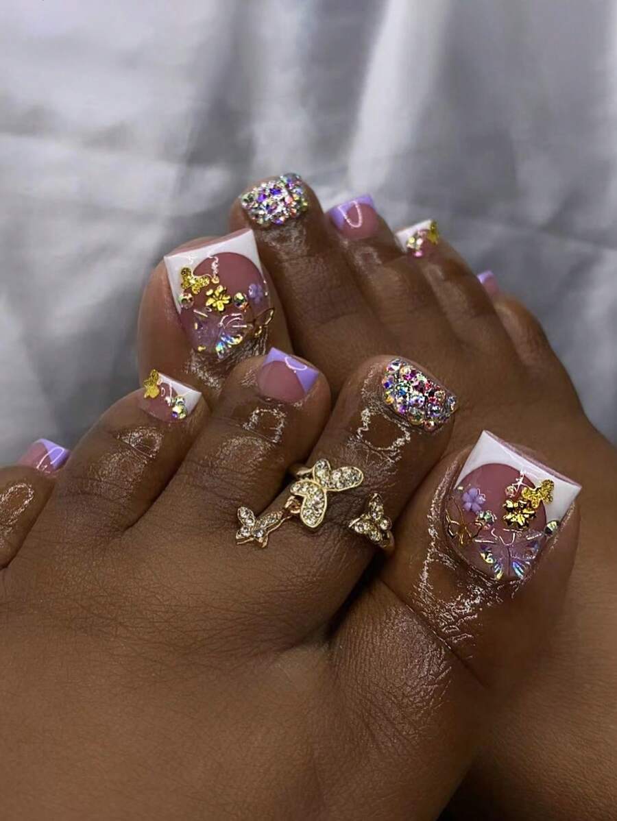 24 piezas de uñas postizas acrílicas negras de estilo ballet con brillo y piedras rhinestone, de longitud media y forma cuadrada, de cobertura completa, con pegamento de gelatina y 1 pieza de tiras de lijado, 1 pieza de uñas para los dedos de los pies, accesorios para uñas para fiestas