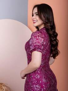 Floral Lace Midi Dress With Zipper Wedding Party Bridesmaid Moda Evangelica - Gỗ đỏ - Xem 2