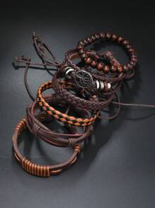 6pcs Vintage PU Life Tree Braided Beaded Bracelet Unisex