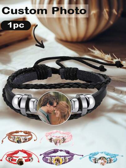1pc Personalized Picture Bracelet, Custom Bracelet For Men Women Couple, Personalized Photo Leather Bracelet, Black Braided Leather Bracelets, Custom Bracelet For Boyfriend Inspirational Memorial Gift For Men, Mom, Daughter, Girlfriend Husband, Dad, Birthday Gift Anniversary Gift Valentine's Day Gift Father's Day Gift Black, Pink, Blue, Purple