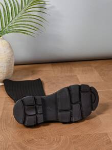 女士时尚厚底中筒靴，黑色编织透气休闲高帮弹力靴，修身时尚百搭，春秋英伦风 - 黑色 - 查看 5