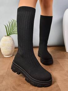 女士时尚厚底中筒靴，黑色编织透气休闲高帮弹力靴，修身时尚百搭，春秋英伦风 - 黑色 - 查看 3