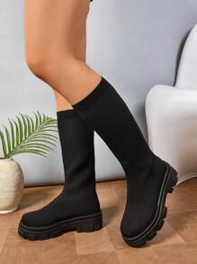 女士时尚厚底中筒靴，黑色编织透气休闲高帮弹力靴，修身时尚百搭，春秋英伦风 - 黑色 - 查看 4