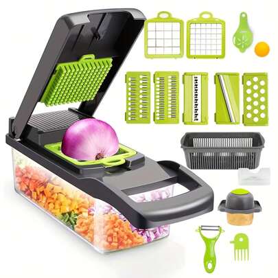 16 In 1 Vegetable Onion Chopper, Multifunctional  Cutting Machine, Ingredient Processing Tool, Onion Chopper With Drain Basket, Carrot Garlic Chopper With Container, Kitchen Tools, Kitchen Accessories, Suitable For Home/Restaurant To Quickl