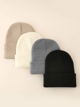 4pcs/Pack Solid Color Minimalist Knit Beanie, Unisex, Suitable For Casual Everyday Wear In Autumn/Winter