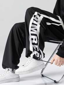 Men Plus Size Loose Drawstring Straight Leg Trousers, Fall - Black - View 6