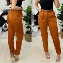 Women's Formal Tailored Trousers With Leather Belt And Pockets - Camel - View 1