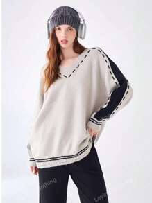 Women's French Trim V-Neck Long Sleeve Knit Pullover Sweater, Autumn/Winter