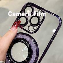 1 pieza Funda de teléfono de TPU con baño electrolítico morado y protector de lente de cámara, funda protectora antichoque compatible con 15 Pro Max, 14, 13, 12, 11 - Morado - Ver 5