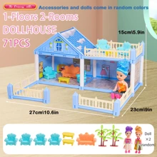 有公主、猫、狗、家具和配件的娃娃屋，适合小女孩的蓝色梦幻娃娃屋玩具。房间花园、厨房玩具、家具和配件玩具、宠物电梯和小狗游乐区、适合 4-5-6-7-8-10 岁女孩的圣诞玩具礼物（一些配件是随机颜色）