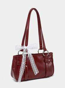 1pc Women's Lace Bow Ballerina Style Open Top Underarm Vintage Y2K One Shoulder Baguette Bag, Suitable For Going Out And Dating - 酒紅色 - 查看 2